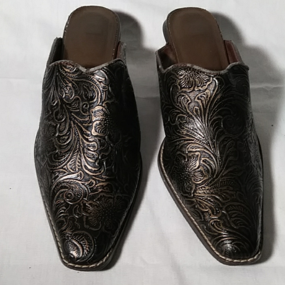 Vintage Avon Mule Shoes Metallic Gold Floral Design